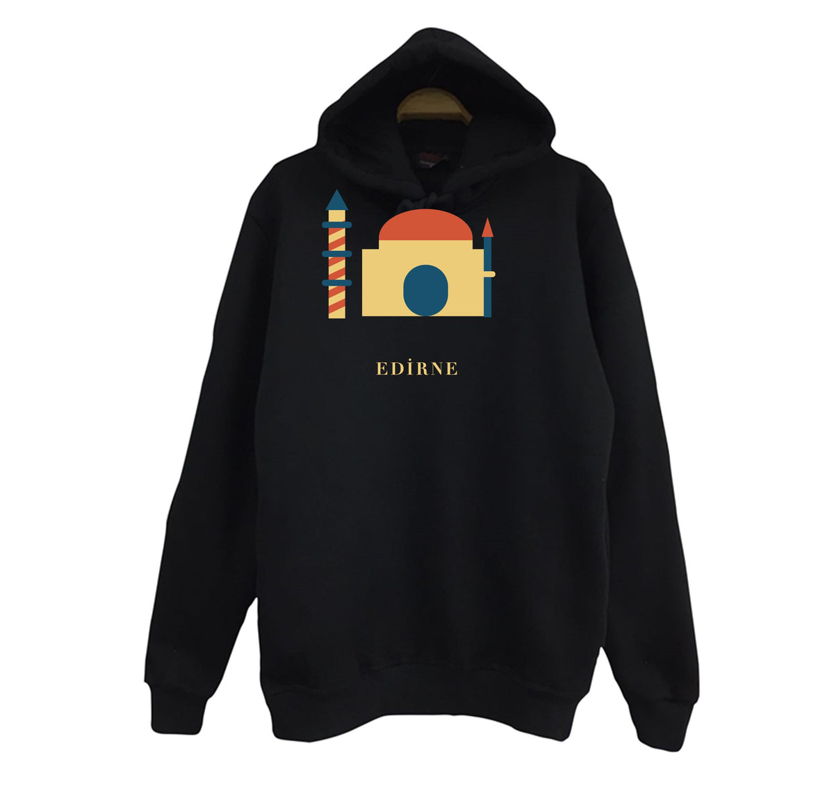 Edirne Üç Şerefeli Camii baskılı siyah kapüşonlu sweatshirt