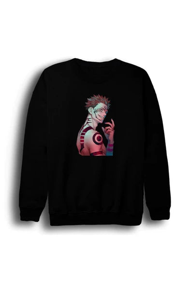 fame-stoned Jujutsu Kaisen Anime Baskılı Unisex %100 Pamuk Siyah Bisiklet Yaka Sweatshirt