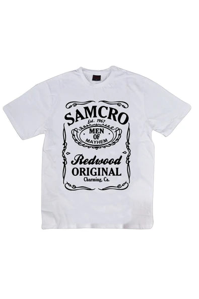 Samcro viski etiketi baskılı beyaz tişört