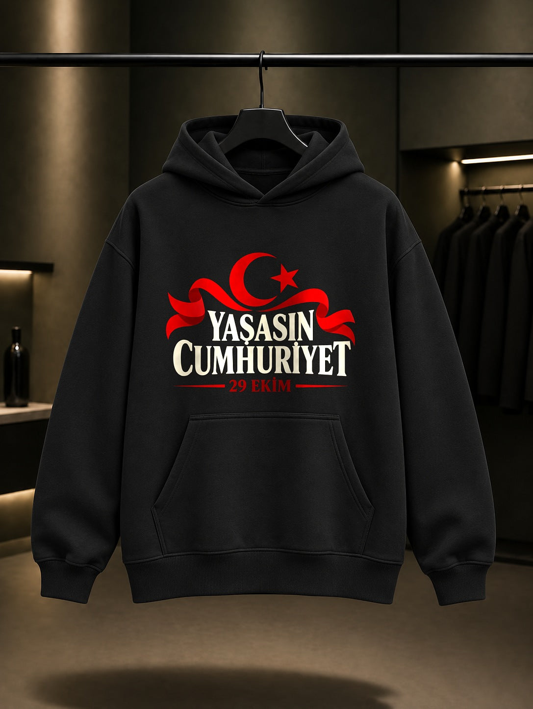 Yaşasın Cumhuriyet 29 Ekim kapüşonlu sweatshirt, siyah