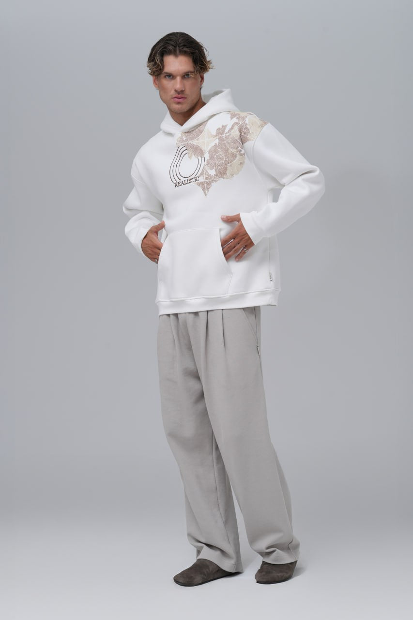 Heritage Baskılı Nakışlı %100 Pamuk Kapüşonlu Unisex Oversize Beyaz Sweatshirt