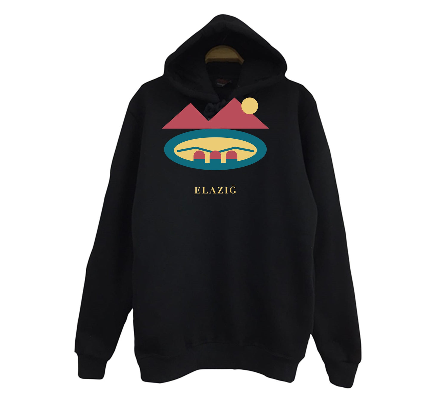 Elazığ Hazar Gölü Batık Şehir baskılı siyah kapüşonlu sweatshirt