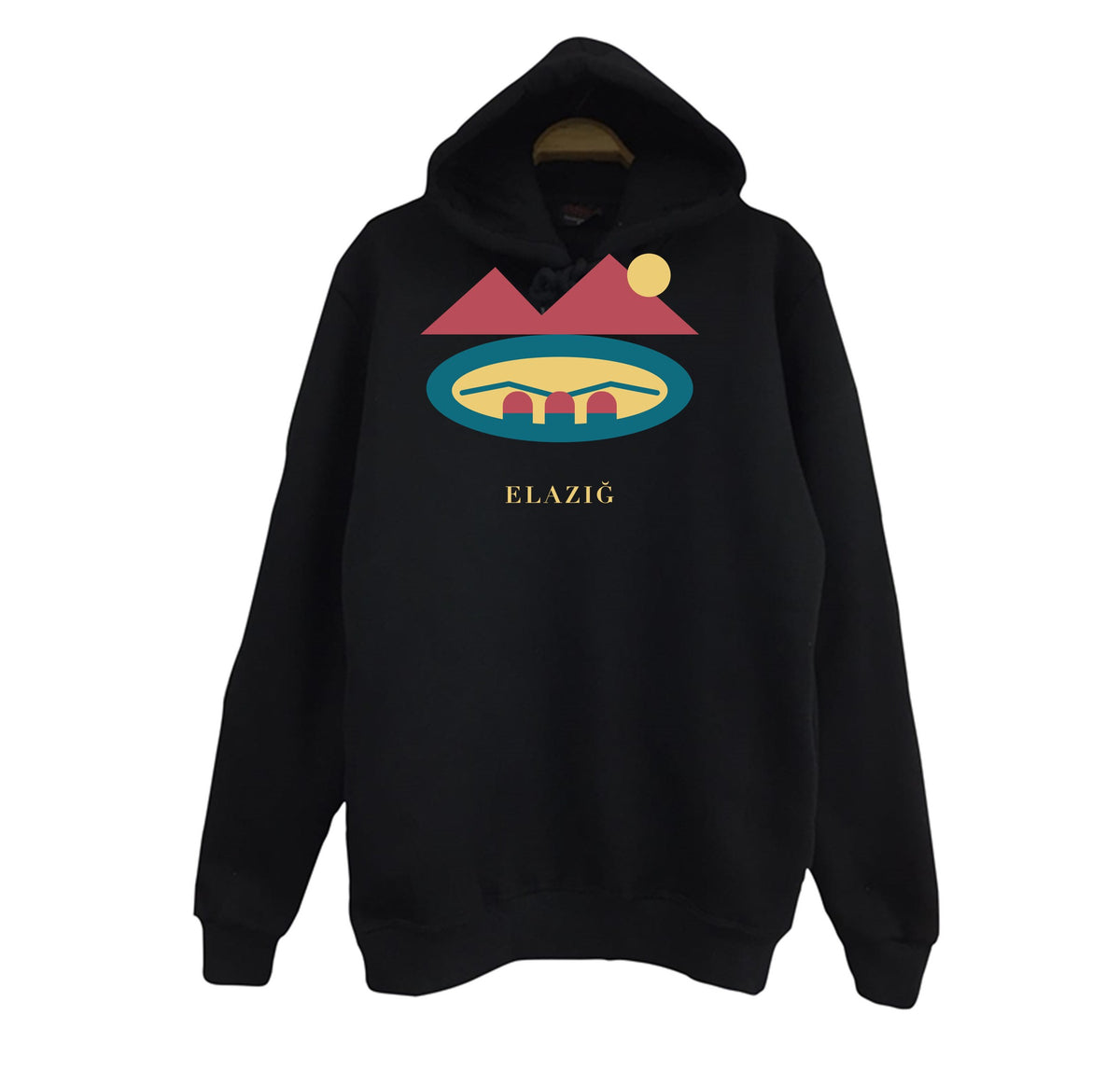 Elazığ Hazar Gölü Batık Şehir baskılı siyah kapüşonlu sweatshirt