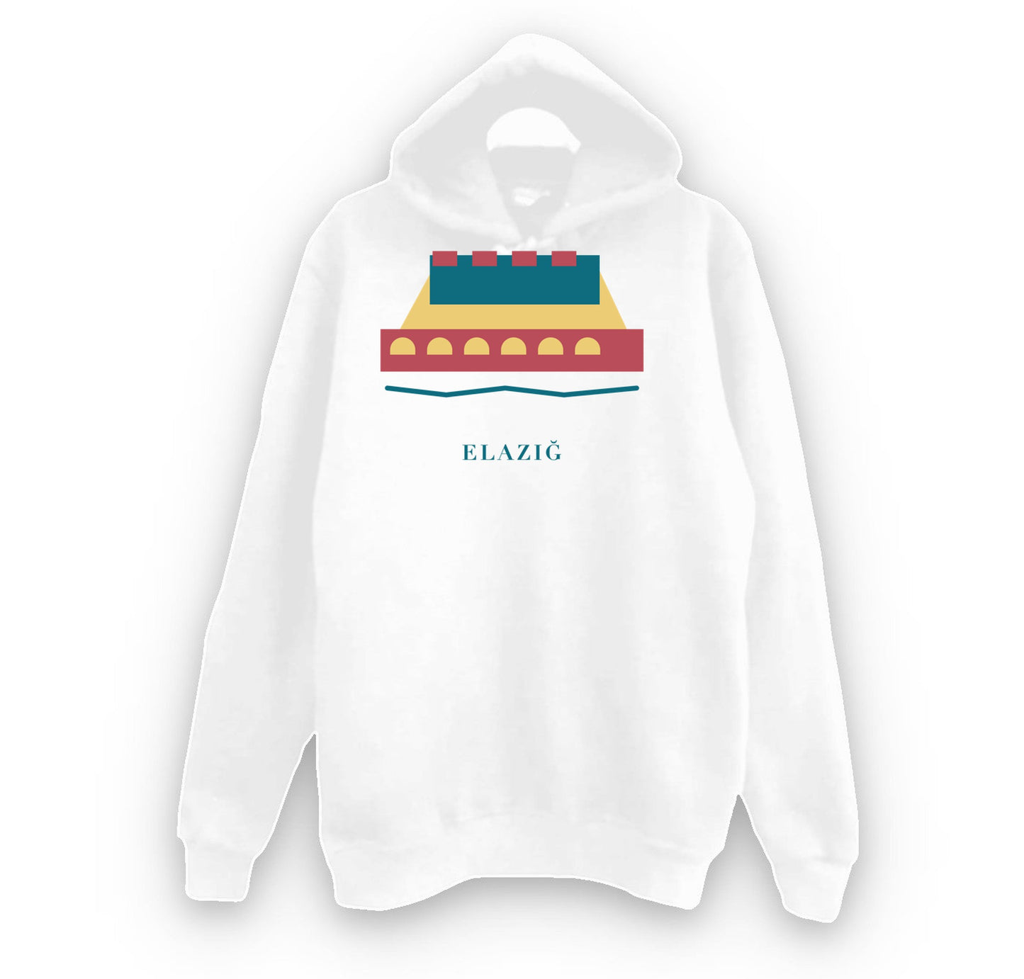 Elazığ Palu Köprüsü ve Kalesi baskılı beyaz kapüşonlu sweatshirt
