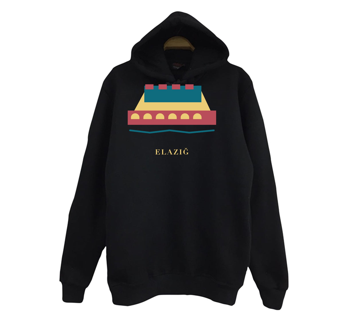 Elazığ Palu Köprüsü ve Kalesi baskılı siyah kapüşonlu sweatshirt