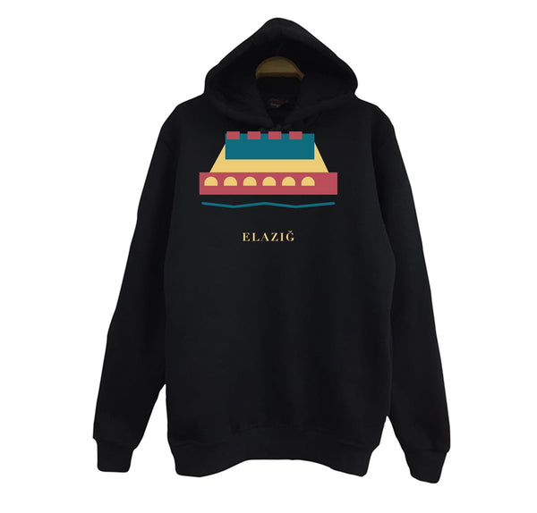 Elazığ Palu Köprüsü ve Kalesi baskılı siyah kapüşonlu sweatshirt