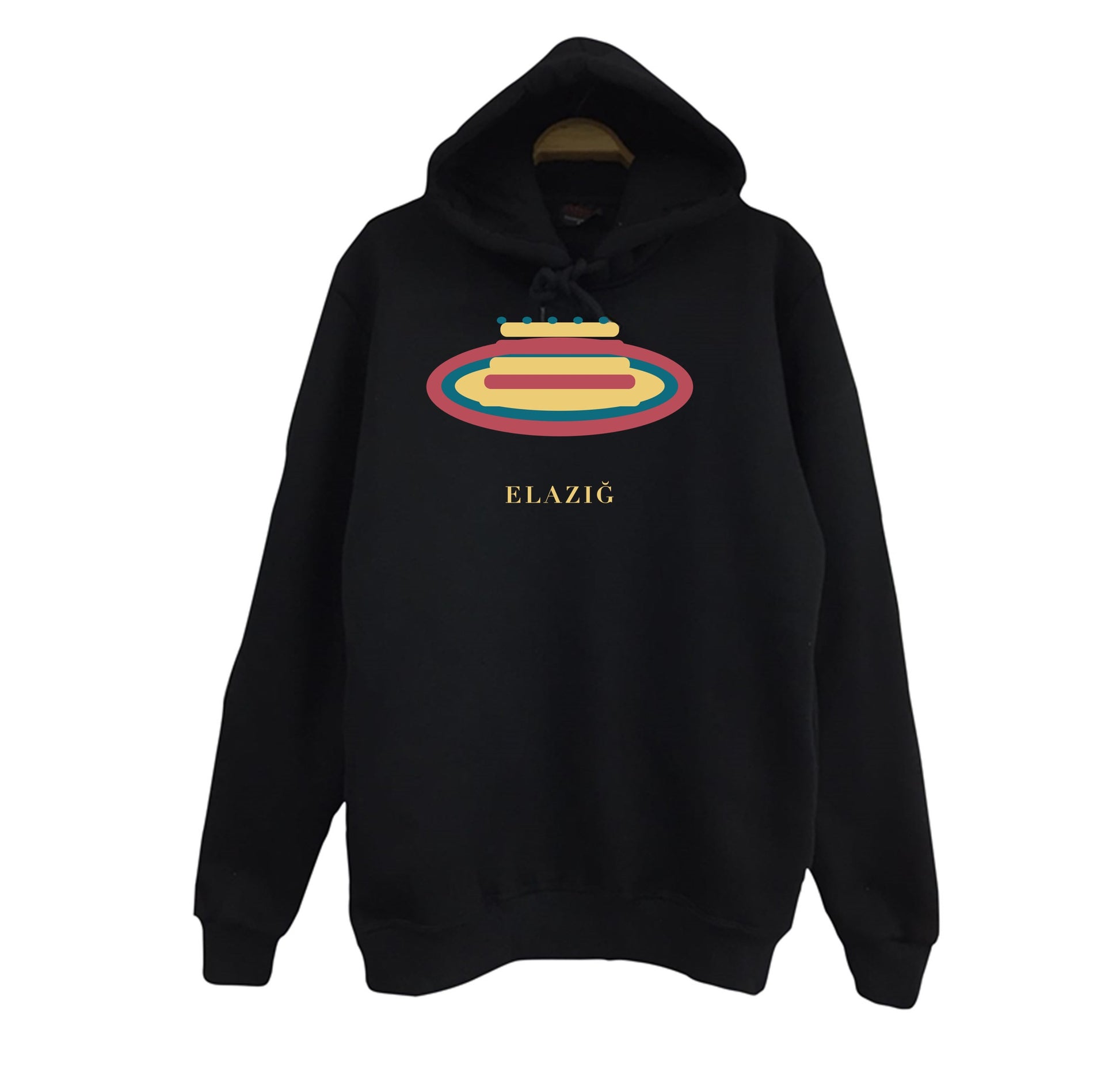 Elazığ Taş Ekmeği baskılı siyah kapüşonlu sweatshirt