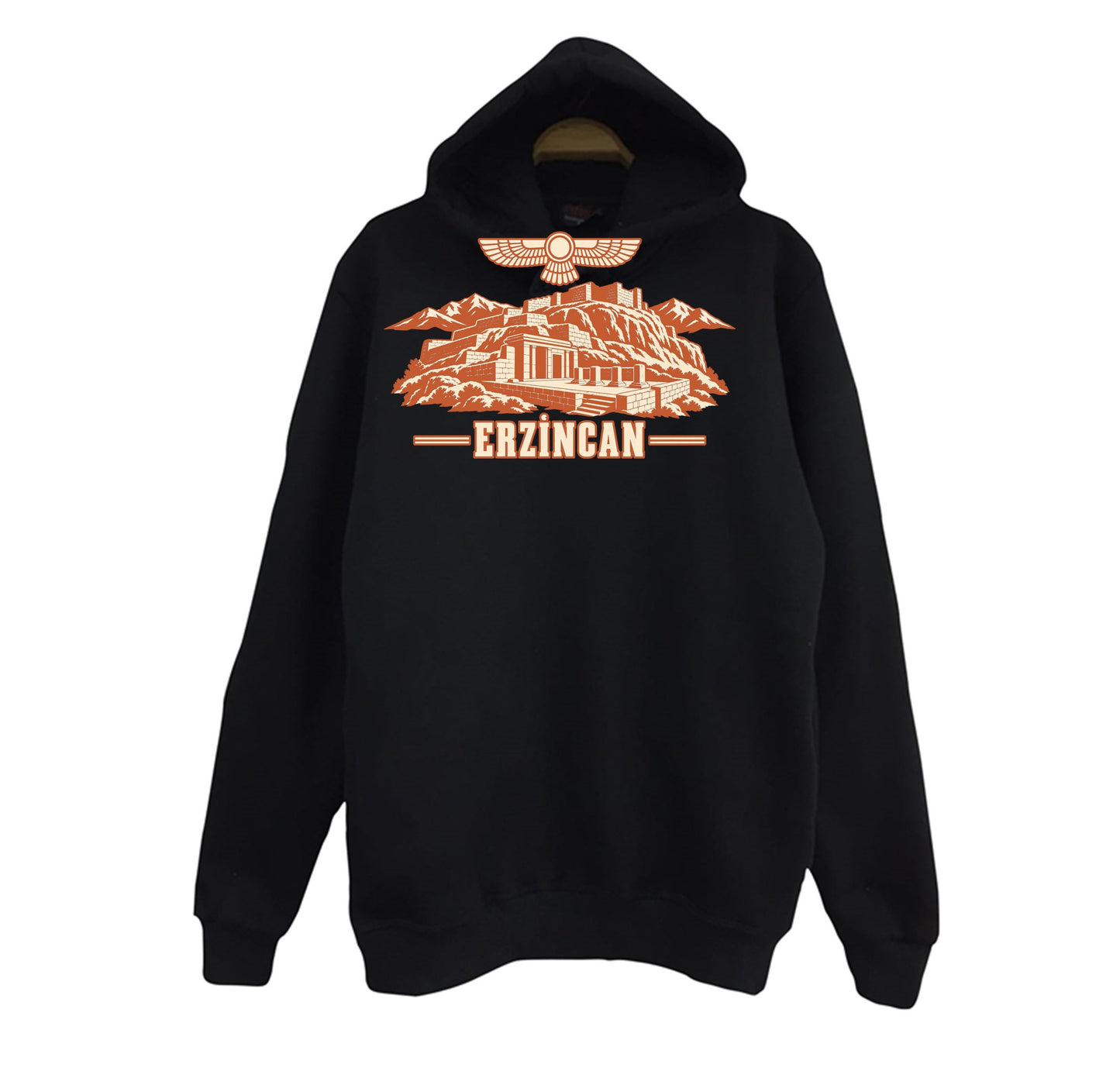 Erzincan Altıntepe Urartu baskılı siyah kapüşonlu sweatshirt