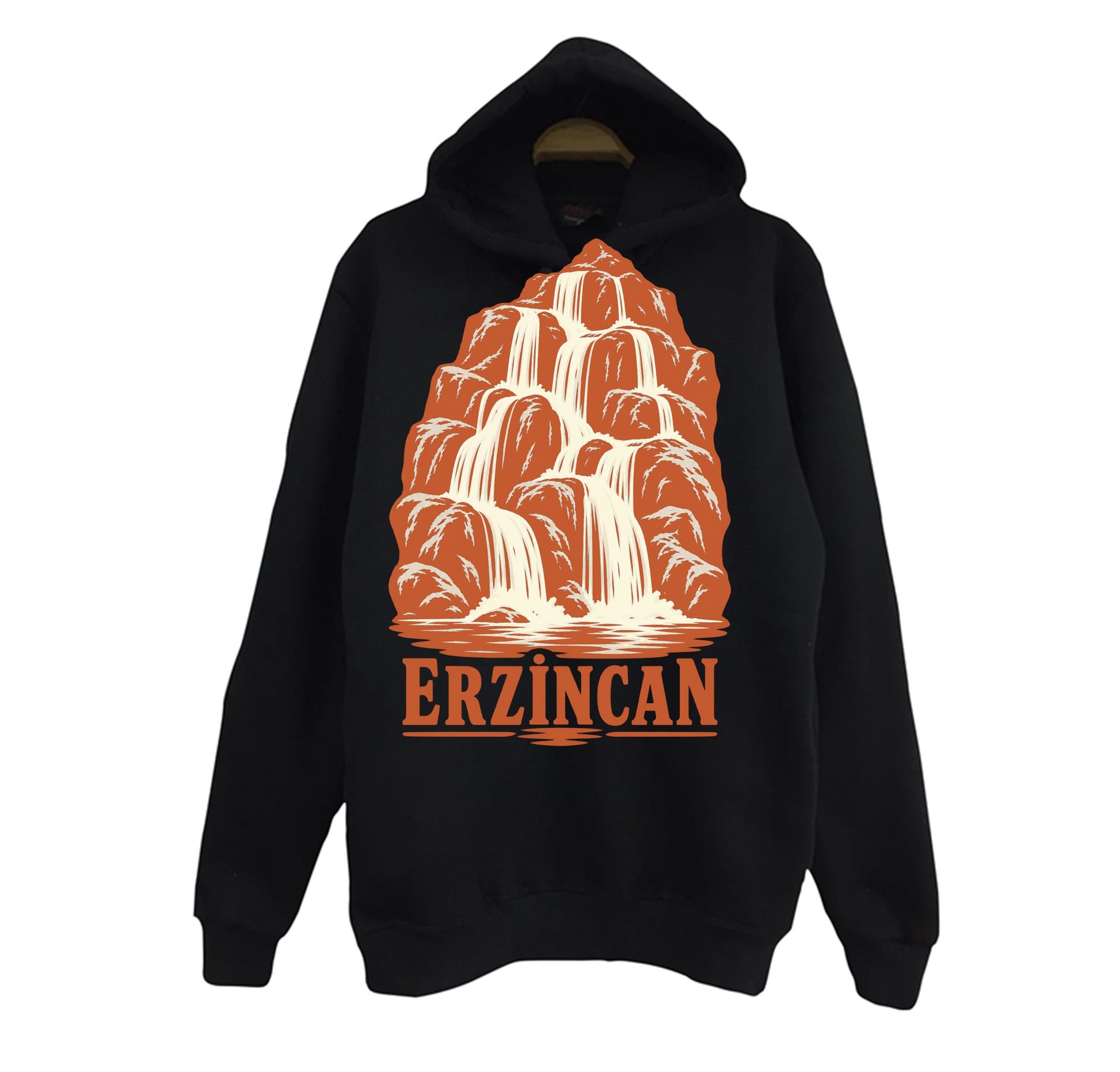 Erzincan Girlevik Şelalesi baskılı siyah kapüşonlu sweatshirt