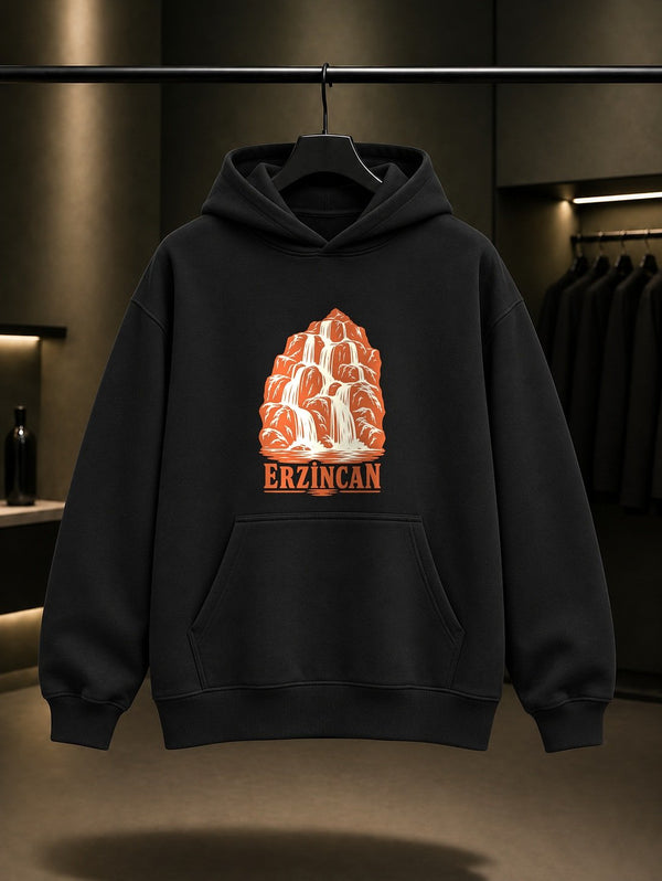 Erzincan Girlevik Şelalesi baskılı siyah kapüşonlu sweatshirt