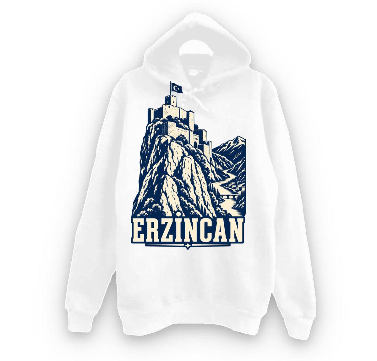 Erzincan Kemah Kalesi baskılı beyaz kapüşonlu sweatshirt