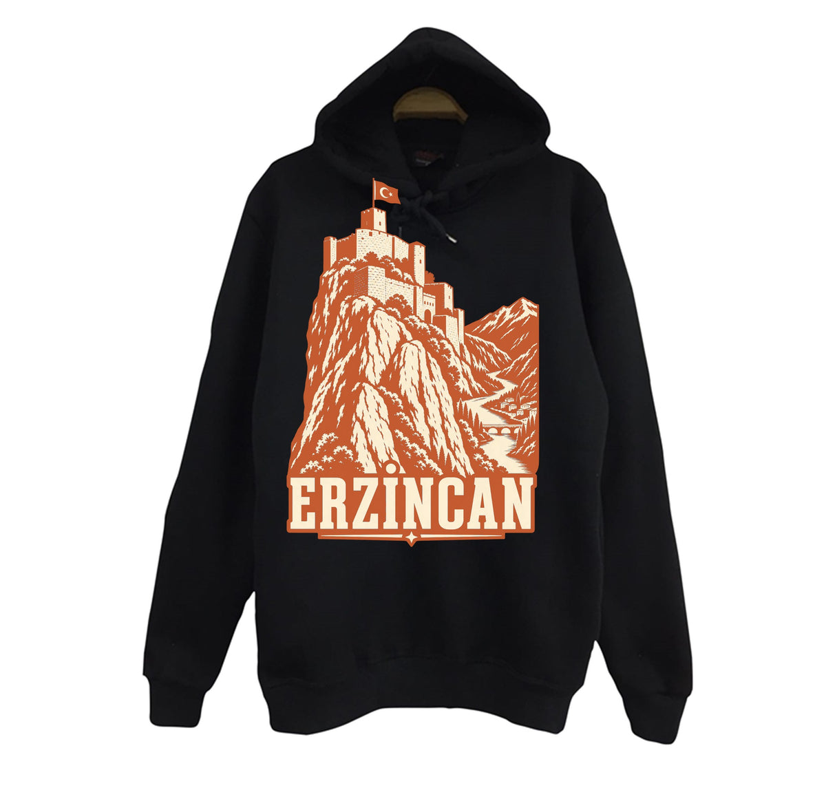 Erzincan Kemah Kalesi baskılı siyah kapüşonlu sweatshirt