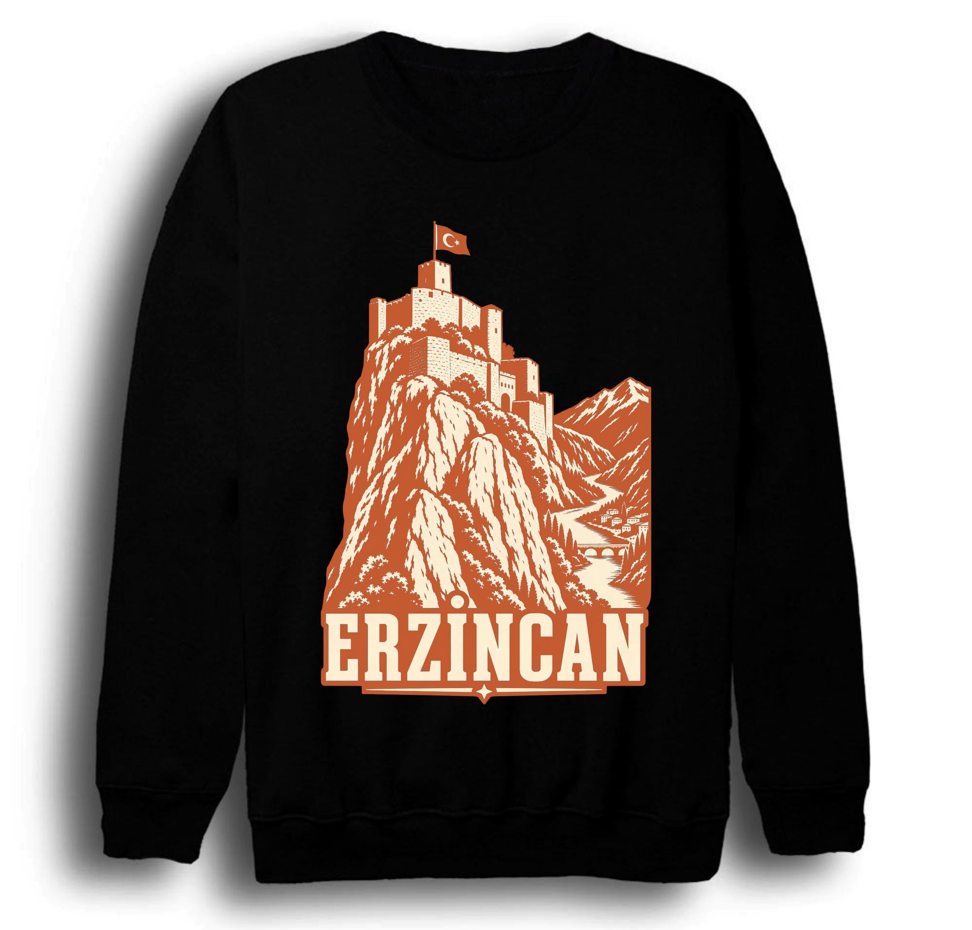 Erzincan Kemah Kalesi baskılı siyah sweatshirt