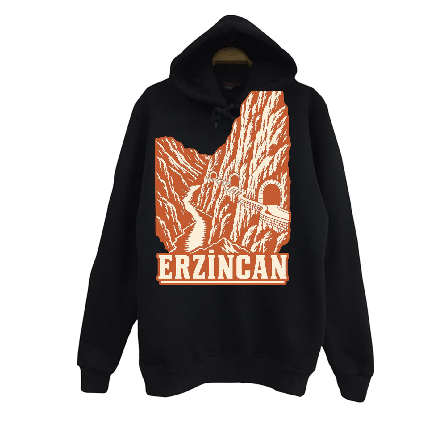 Erzincan Kemaliye Karanlık Kanyon baskılı siyah kapüşonlu sweatshirt