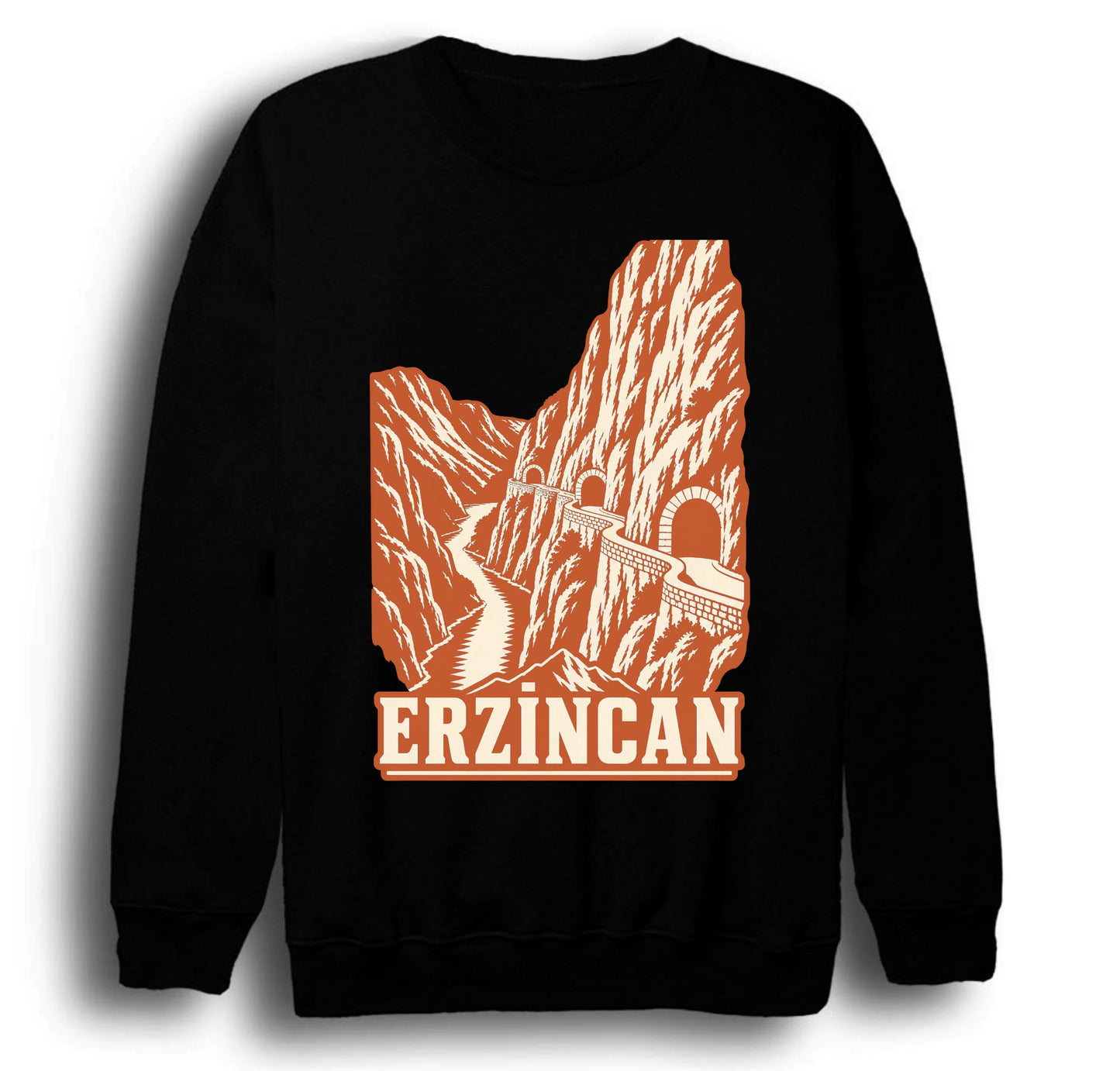 Erzincan Kemaliye Karanlık Kanyon baskılı siyah sweatshirt