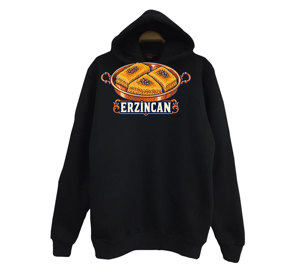 Erzincan Kesme Kadayıfı baskılı siyah kapüşonlu sweatshirt