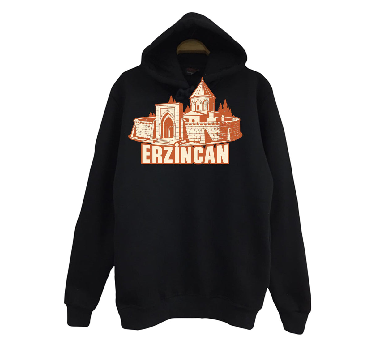 Erzincan Mama Hatun Külliyesi baskılı siyah kapüşonlu sweatshirt