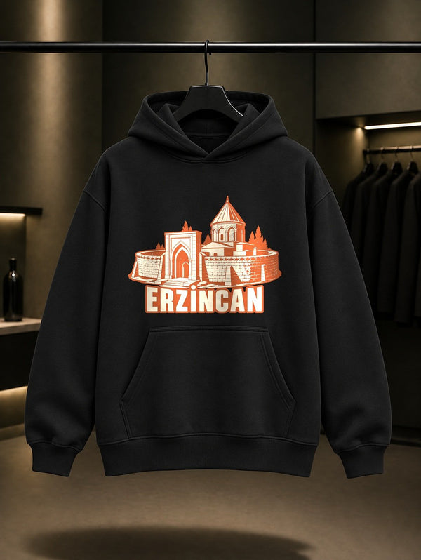 Erzincan Mama Hatun Külliyesi baskılı siyah kapüşonlu sweatshirt
