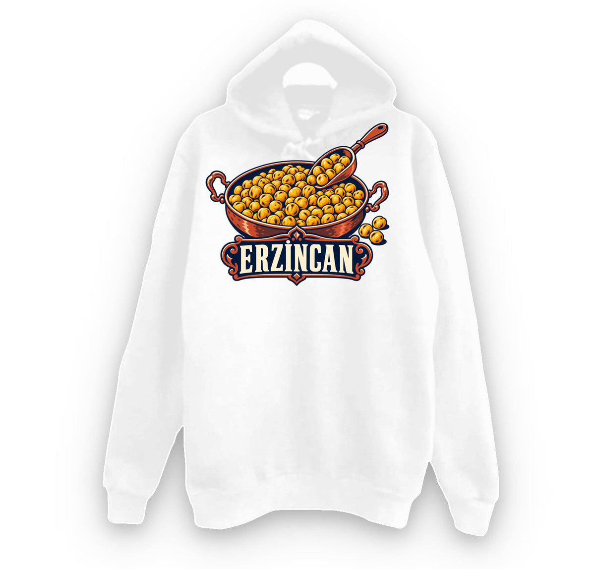 Erzincan Tava Leblebisi baskılı beyaz kapüşonlu sweatshirt