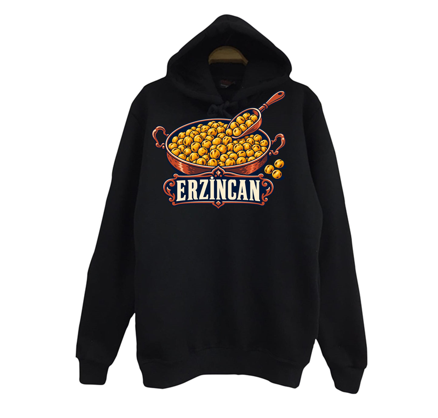 Erzincan Tava Leblebisi baskılı siyah kapüşonlu sweatshirt