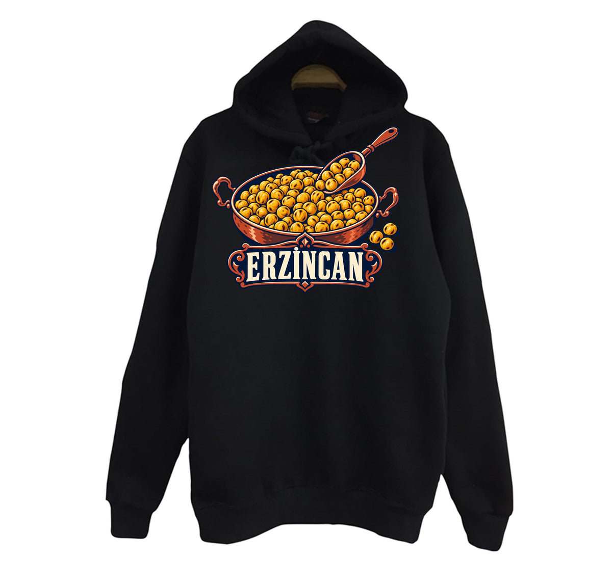 Erzincan Tava Leblebisi baskılı siyah kapüşonlu sweatshirt