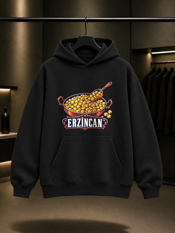 Erzincan Tava Leblebisi baskılı siyah kapüşonlu sweatshirt
