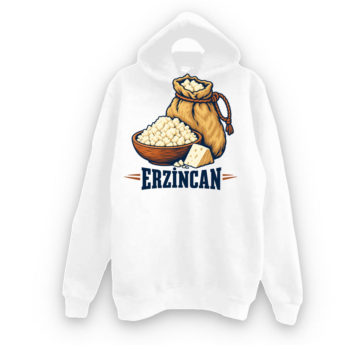 Erzincan Tulum Peyniri baskılı beyaz kapüşonlu sweatshirt
