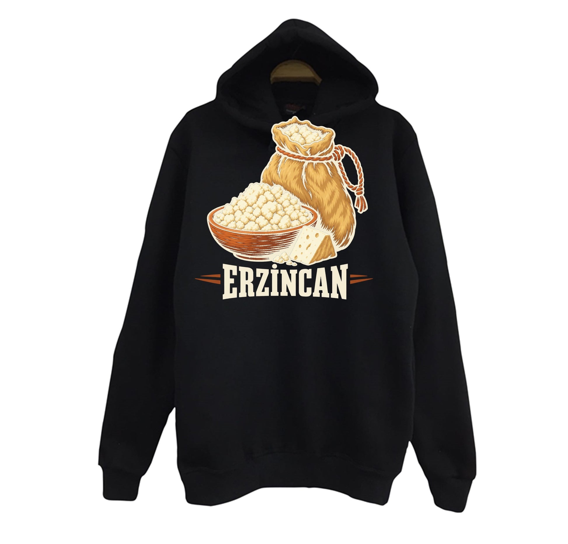 Erzincan Tulum Peyniri baskılı siyah kapüşonlu sweatshirt