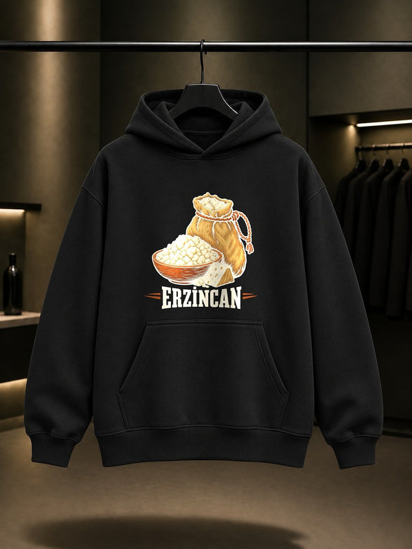 Erzincan Tulum Peyniri baskılı siyah kapüşonlu sweatshirt