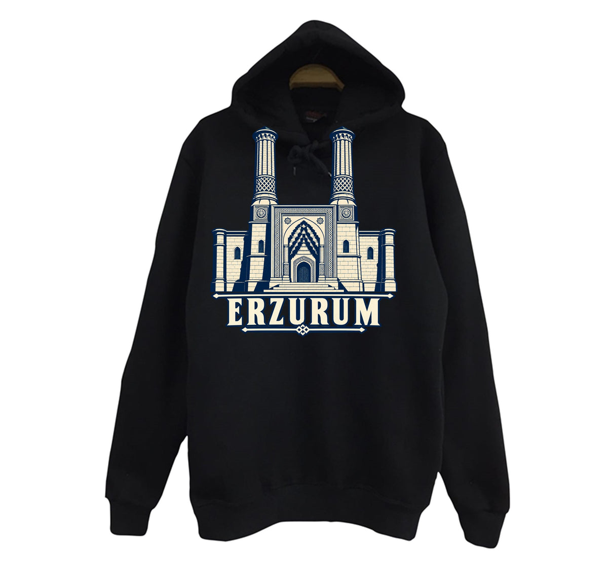 Erzurum Çifte Minareli Medrese baskılı siyah kapüşonlu sweatshirt