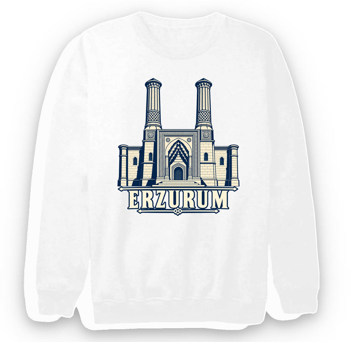 Erzurum Çifte Minareli Medrese baskılı beyaz sweatshirt