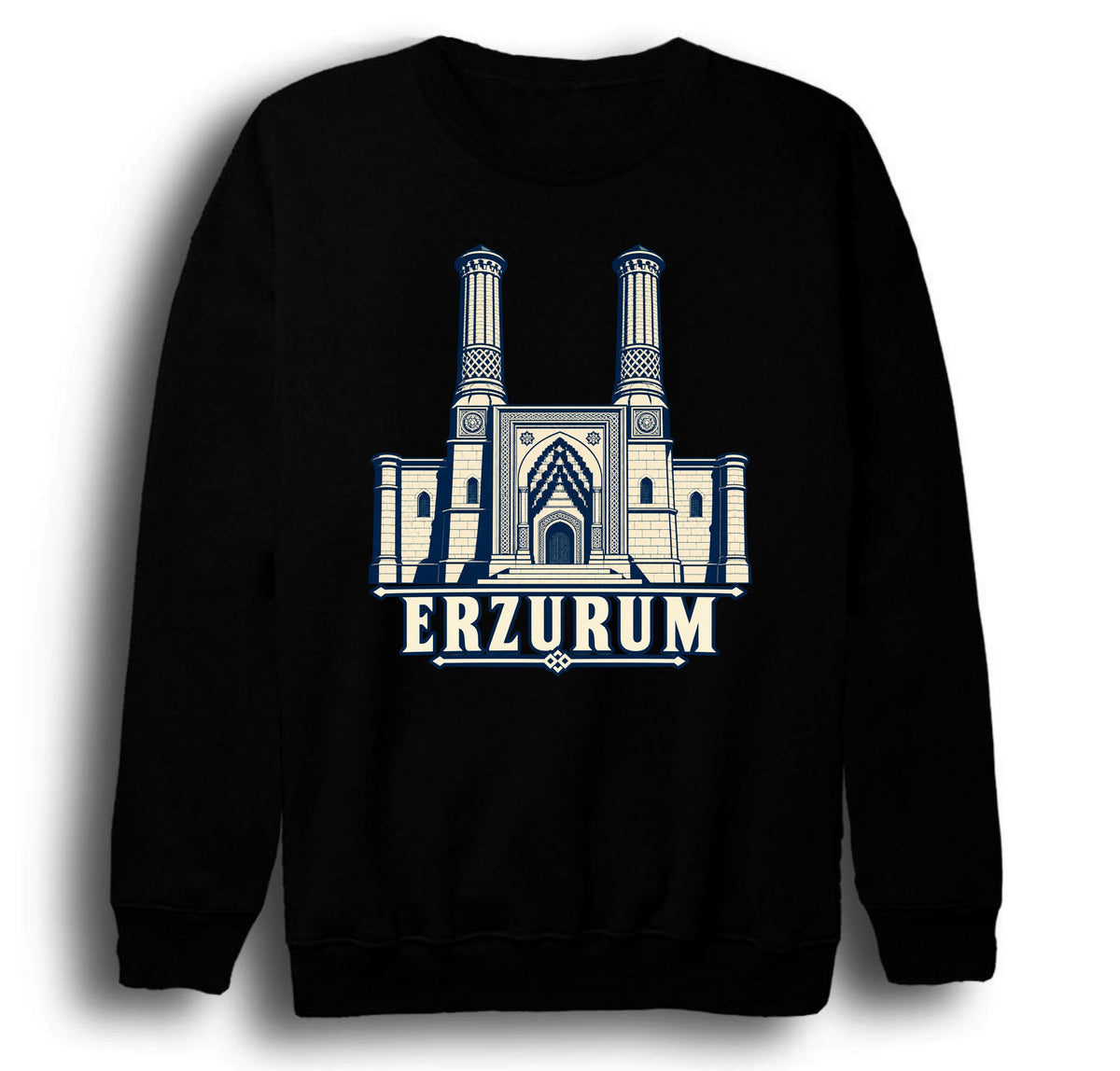 Erzurum Çifte Minareli Medrese baskılı siyah sweatshirt