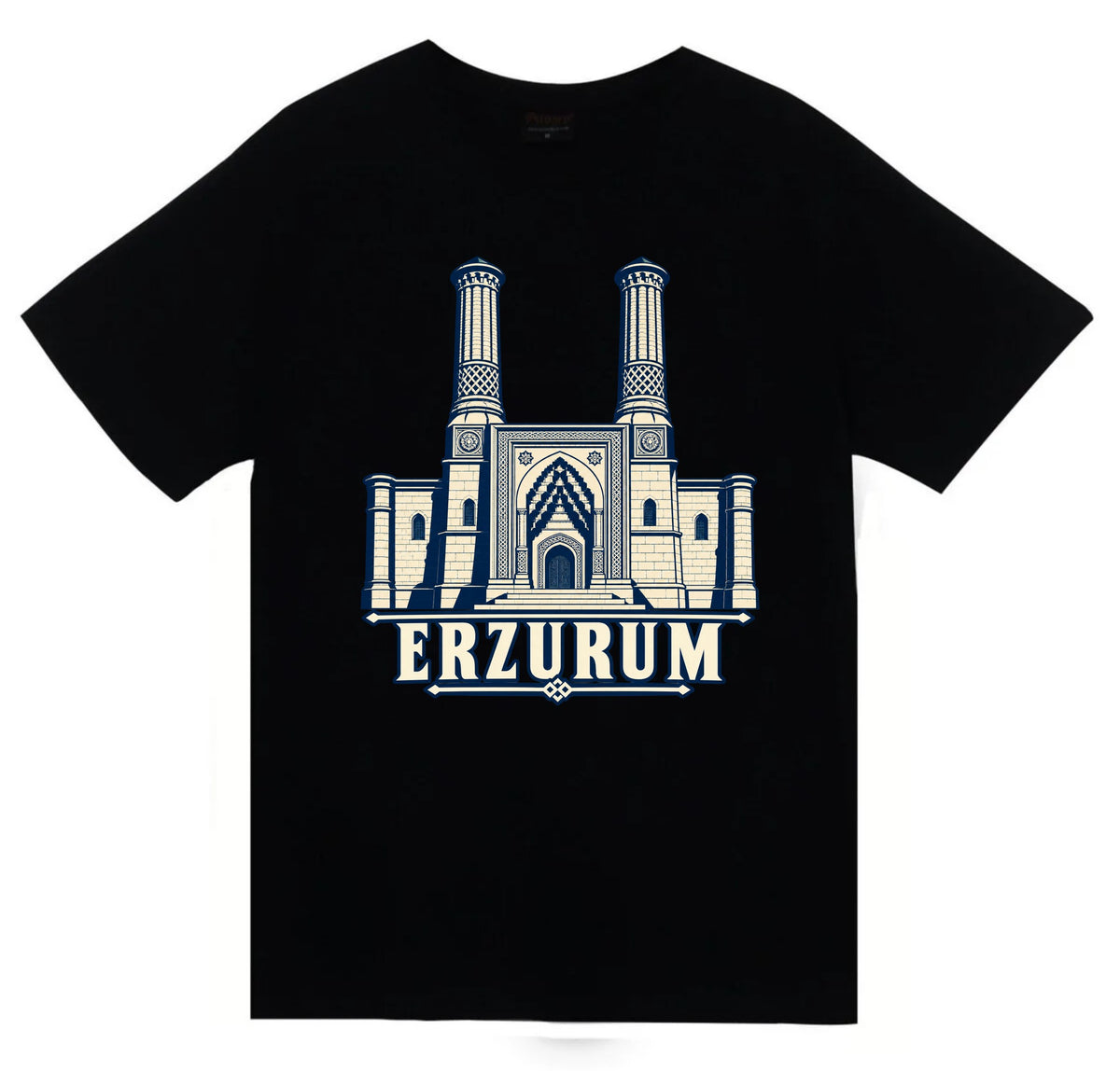 Erzurum Çifte Minareli Medrese baskılı siyah t-shirt