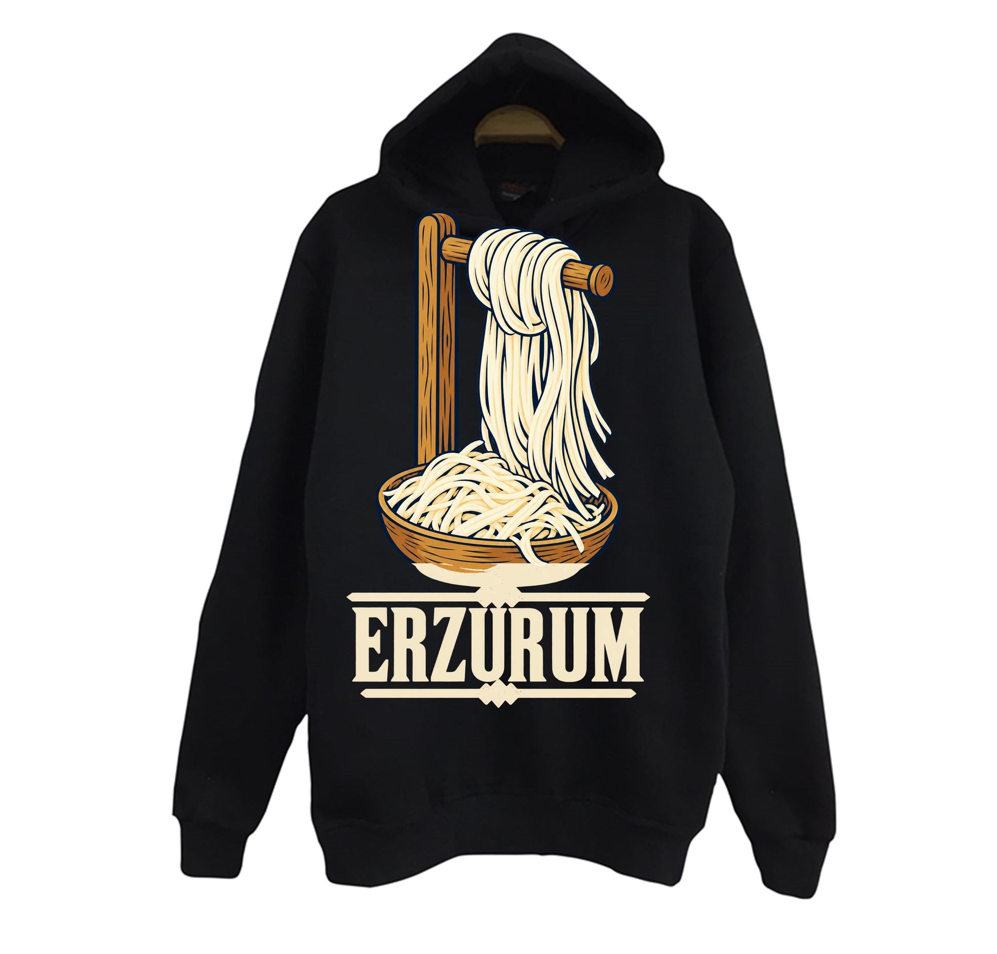 Erzurum Civil Peyniri baskılı siyah kapüşonlu sweatshirt