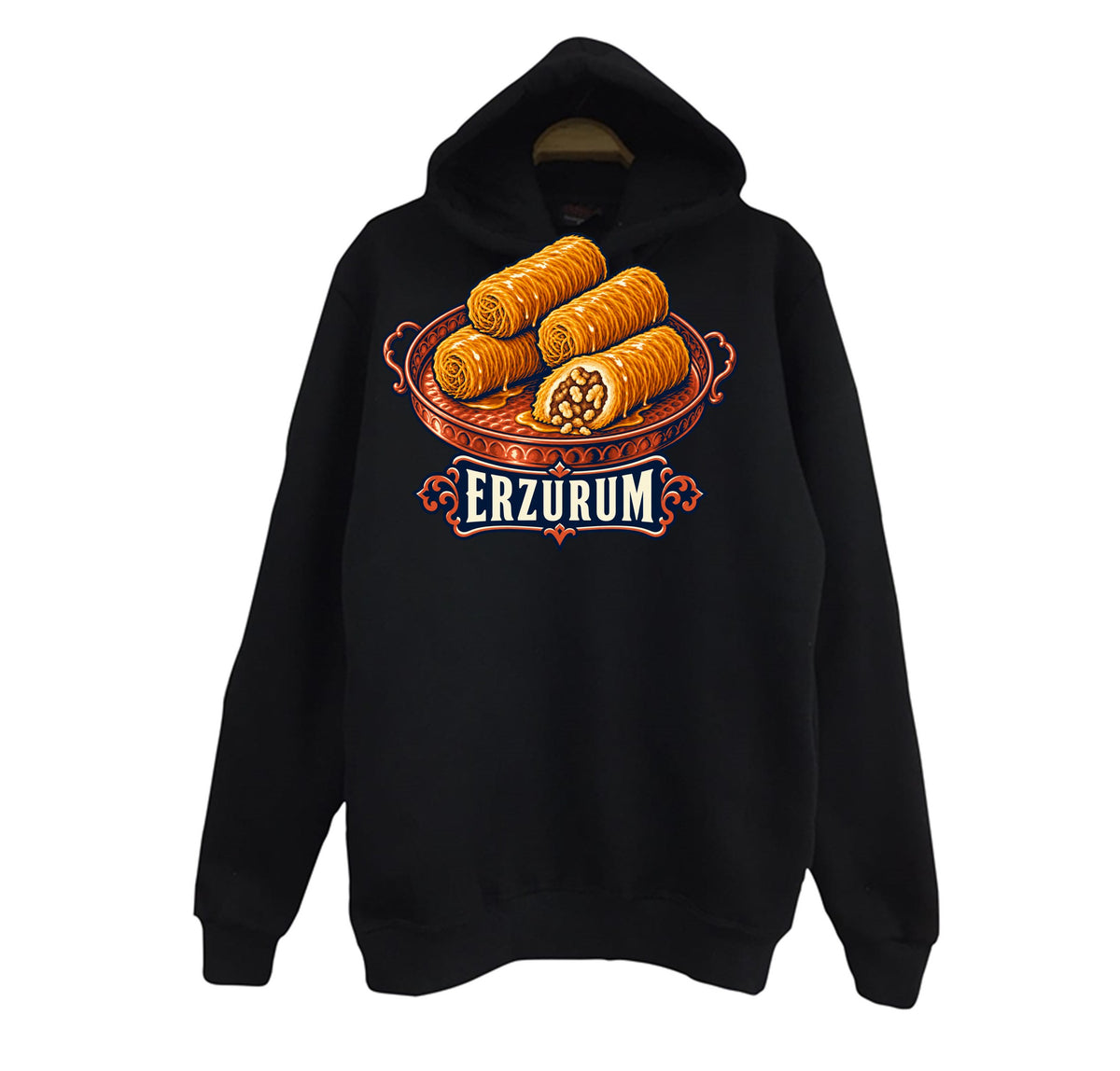 Erzurum Kadayıf Dolması baskılı siyah kapüşonlu sweatshirt