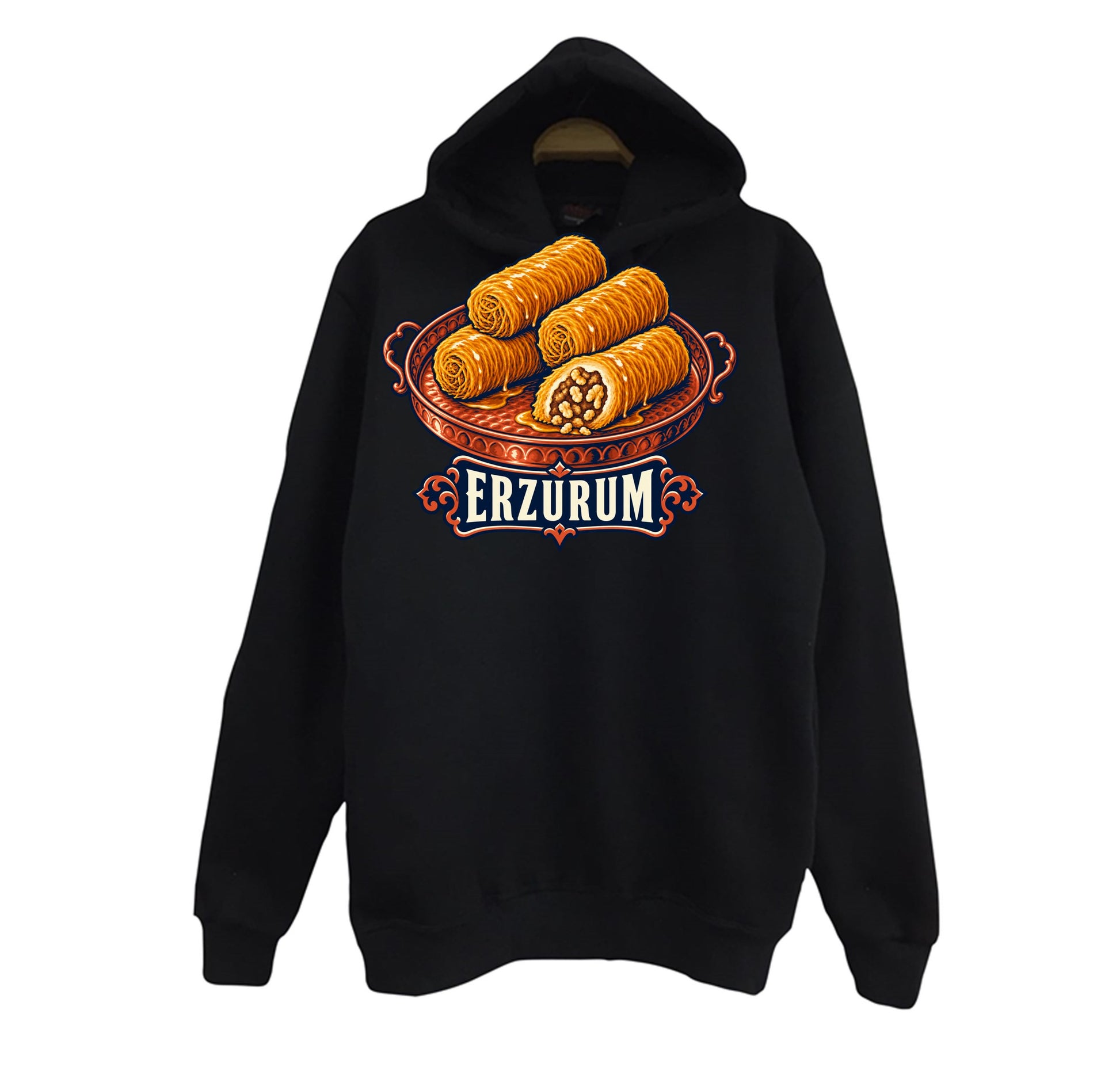 Erzurum Kadayıf Dolması baskılı siyah kapüşonlu sweatshirt