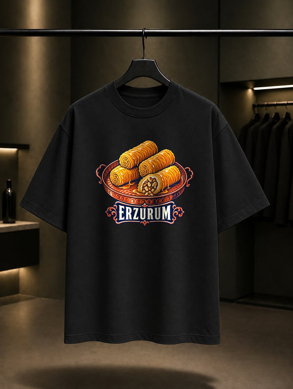 Erzurum Kadayıf Dolması baskılı siyah t-shirt