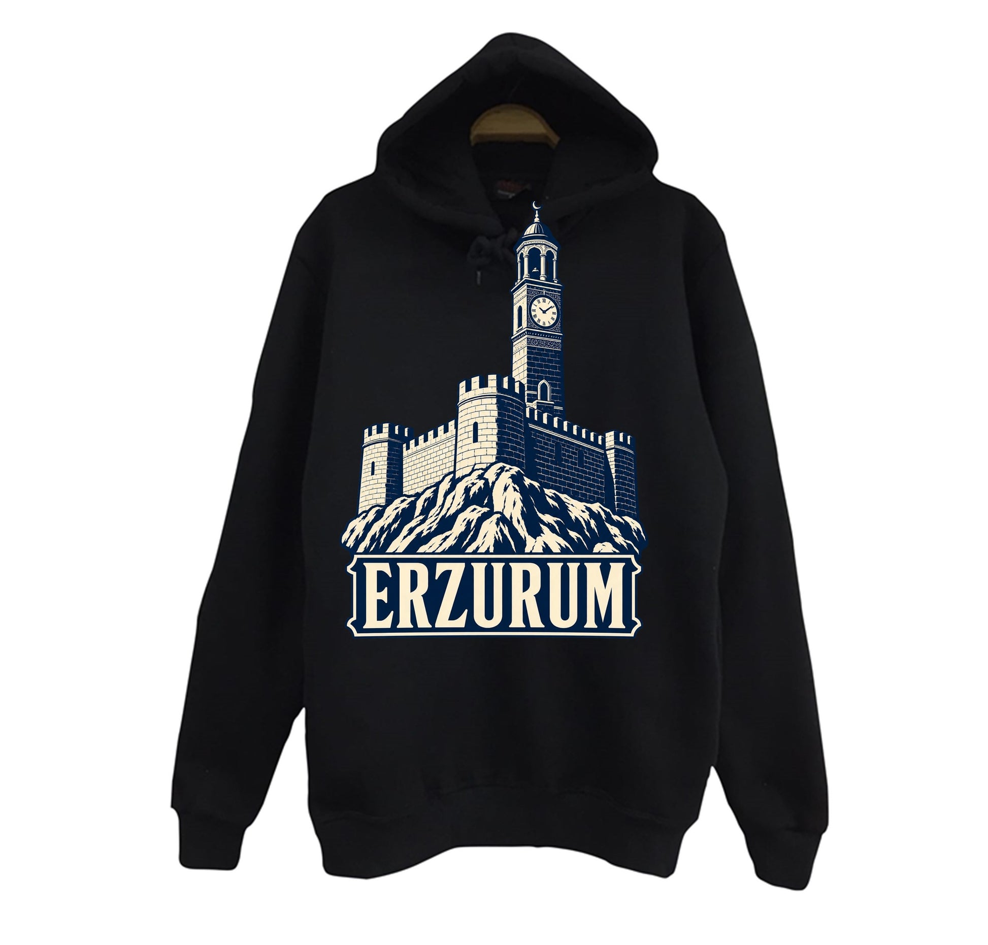 Erzurum Kalesi ve Saat Kulesi baskılı siyah kapüşonlu sweatshirt