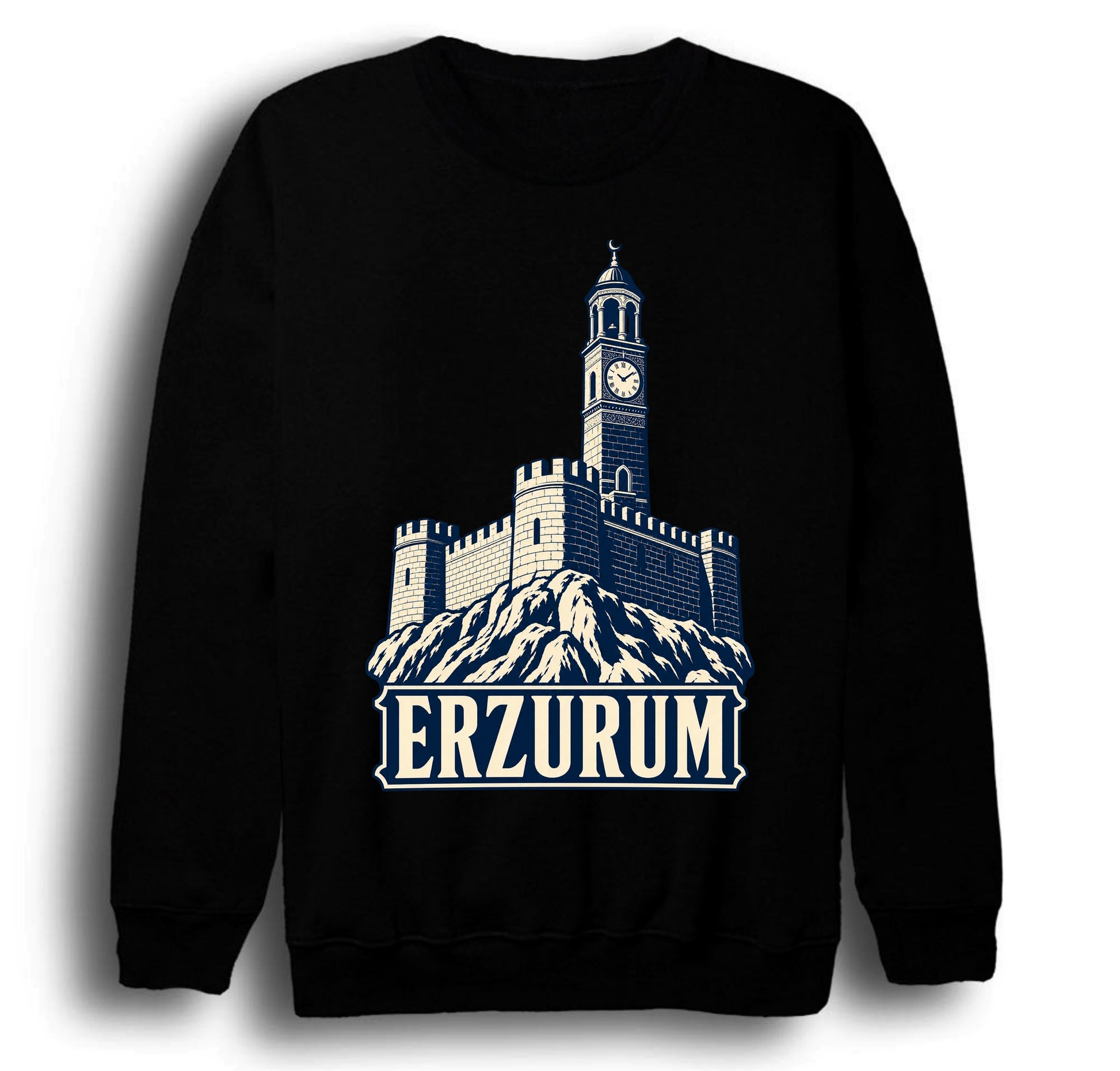 Erzurum Kalesi ve Saat Kulesi baskılı siyah sweatshirt