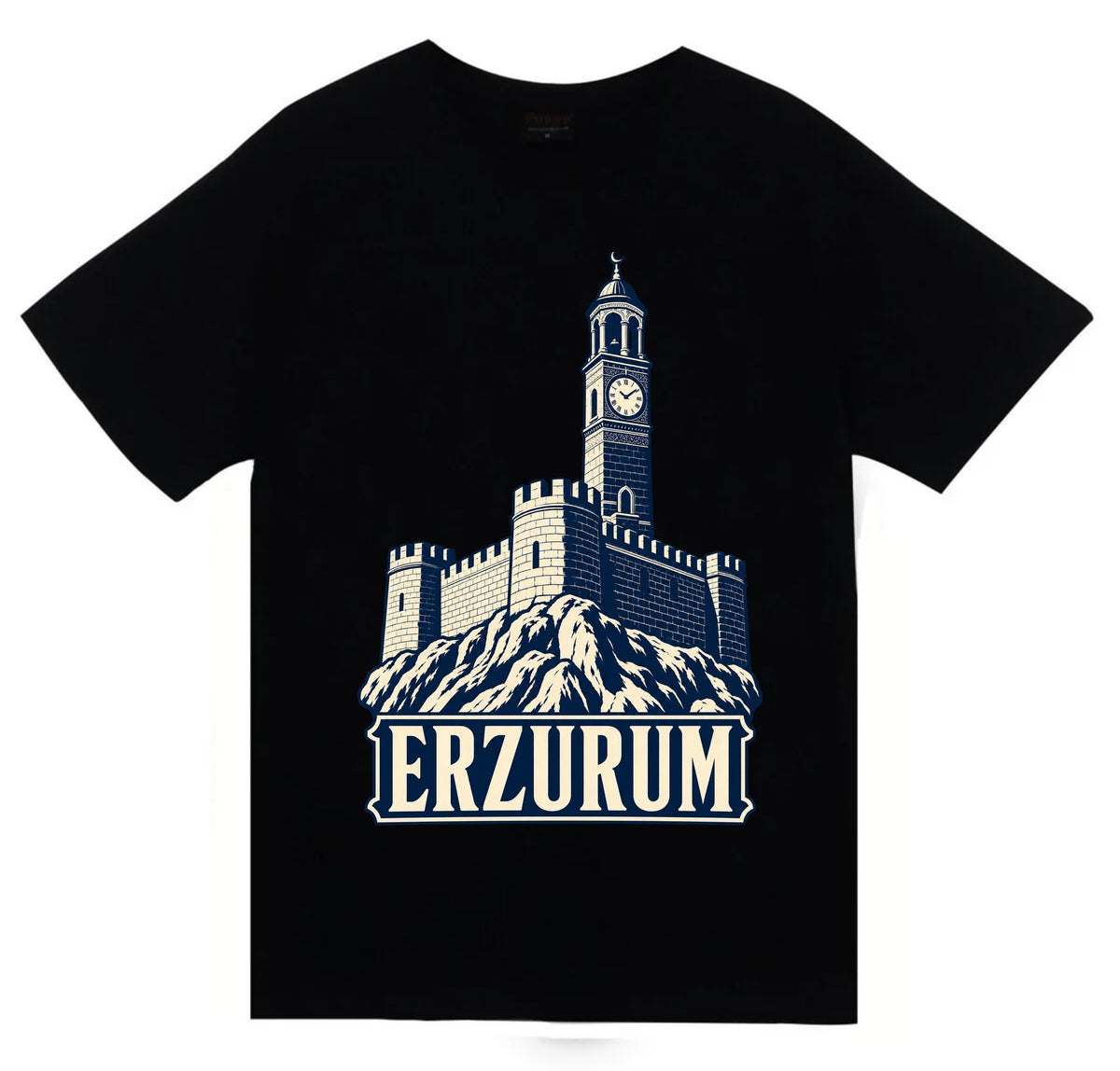 Erzurum Kalesi ve Saat Kulesi baskılı siyah t-shirt
