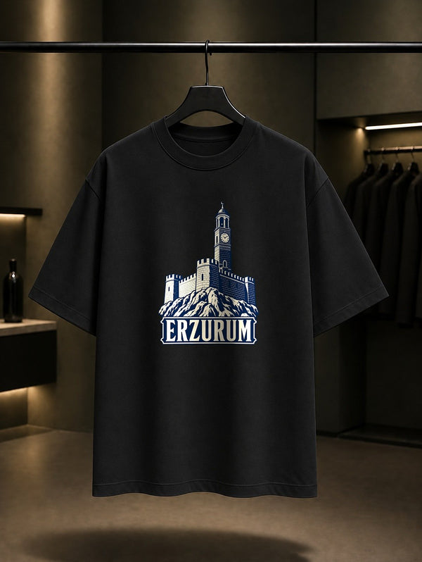 Erzurum Kalesi ve Saat Kulesi baskılı siyah t-shirt