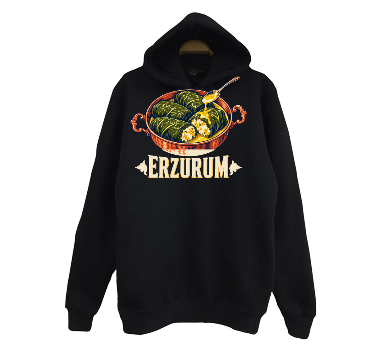 Erzurum Lor Dolması baskılı siyah kapüşonlu sweatshirt