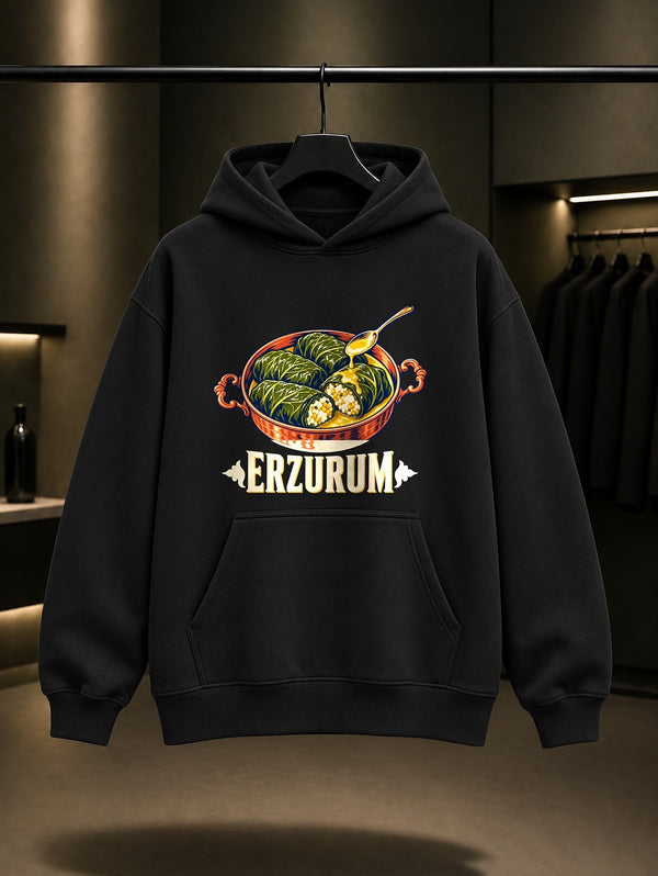 Erzurum Lor Dolması baskılı siyah kapüşonlu sweatshirt