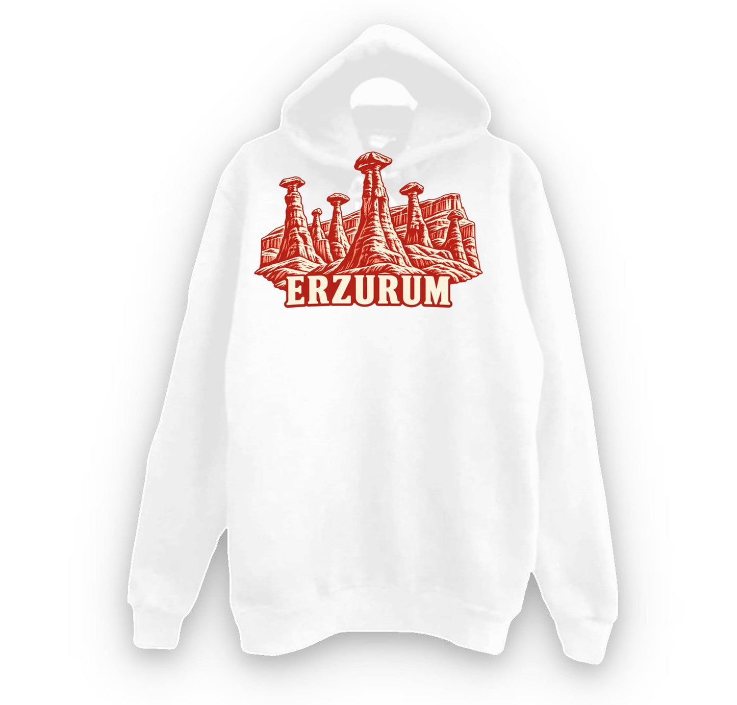 Erzurum Narman Peribacaları baskılı beyaz kapüşonlu sweatshirt