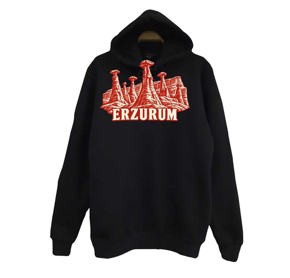 Erzurum Narman Peribacaları baskılı siyah kapüşonlu sweatshirt