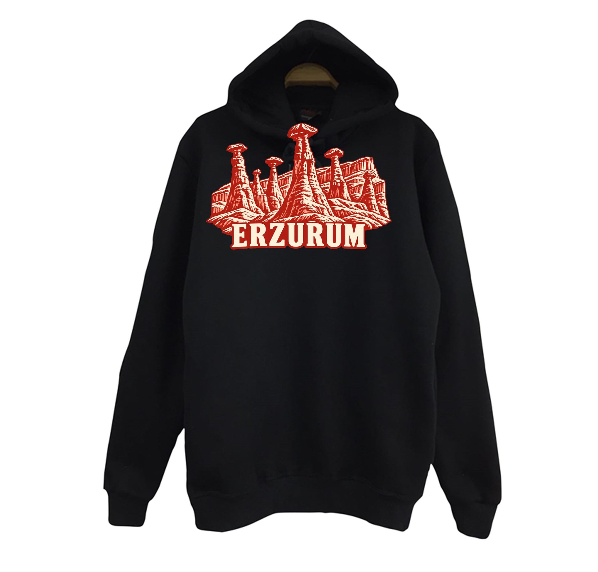 Erzurum Narman Peribacaları baskılı siyah kapüşonlu sweatshirt