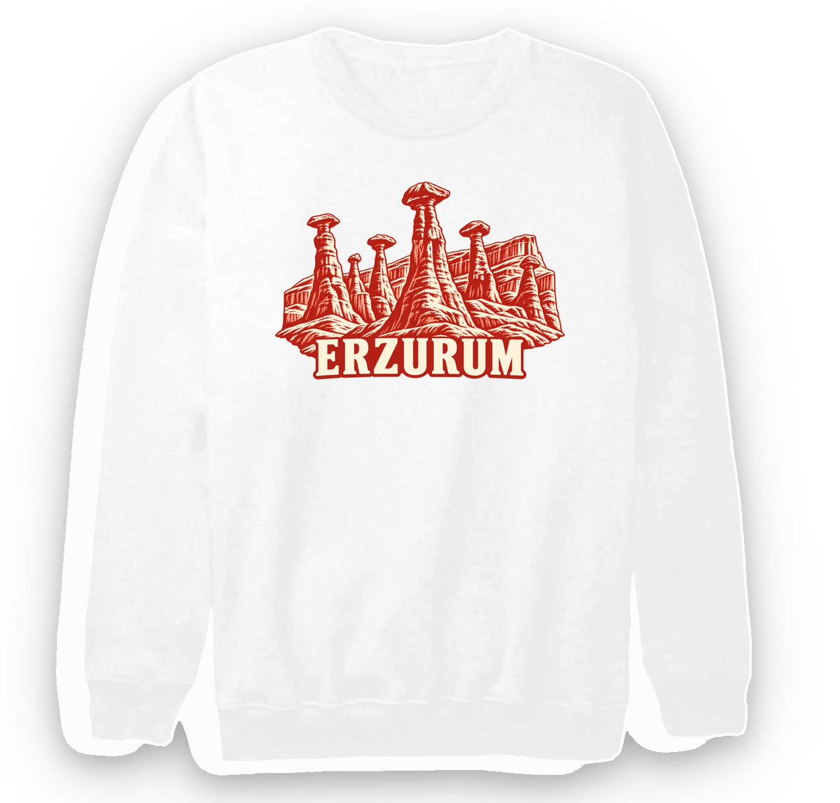 Erzurum Narman Peribacaları baskılı beyaz sweatshirt