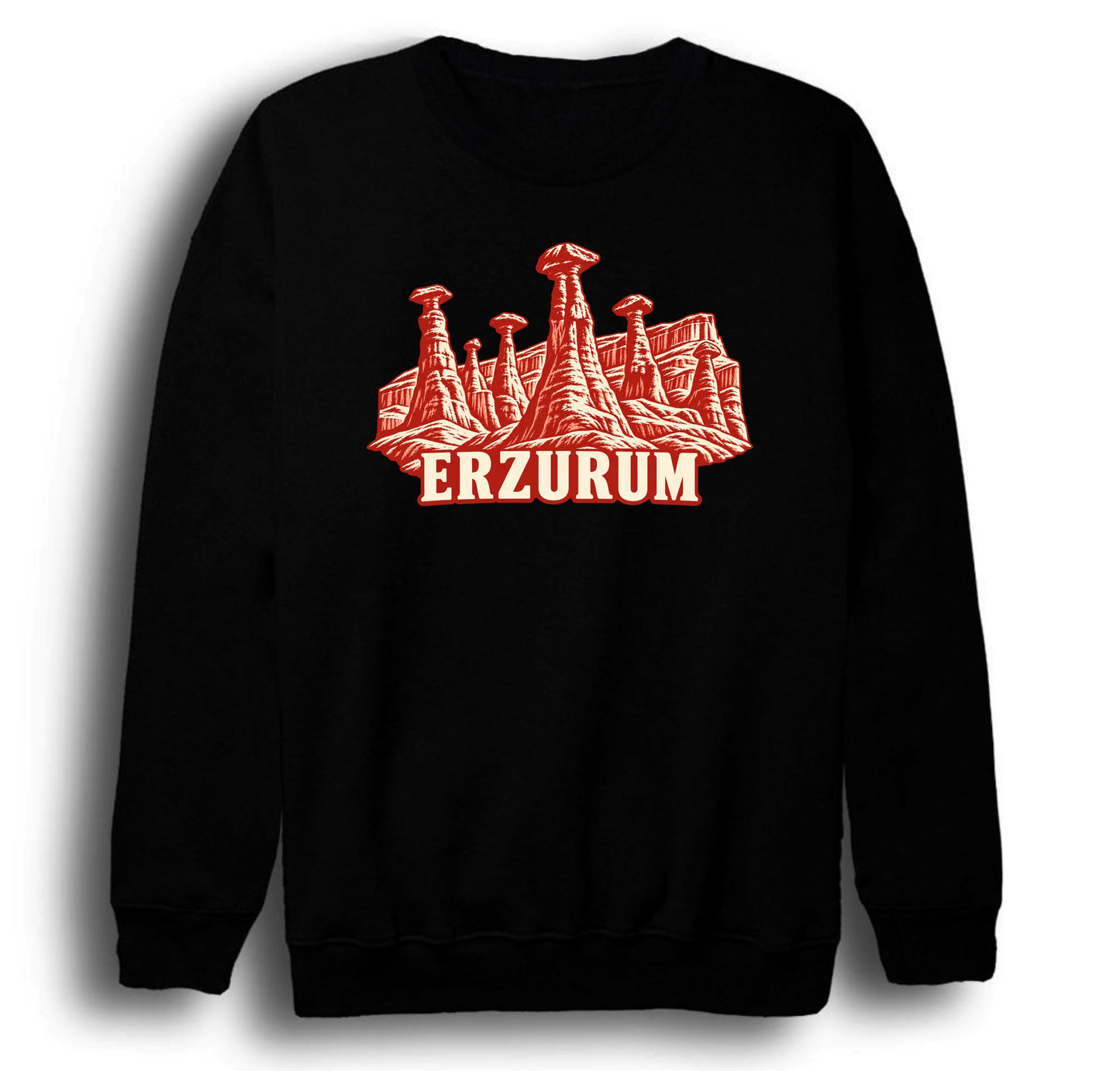 Erzurum Narman Peribacaları baskılı siyah sweatshirt