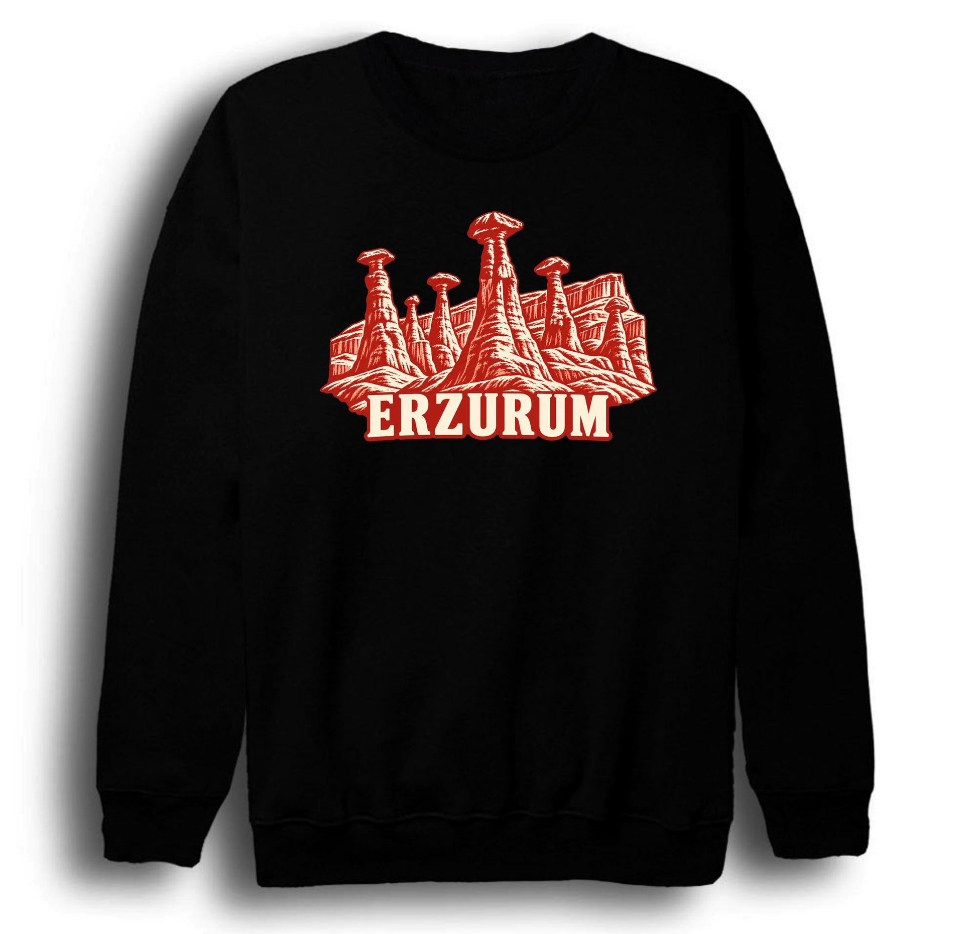 Erzurum Narman Peribacaları baskılı siyah sweatshirt