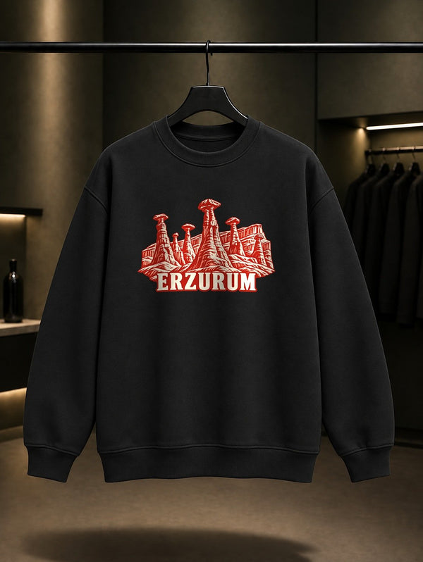 Erzurum Narman Peribacaları baskılı siyah sweatshirt